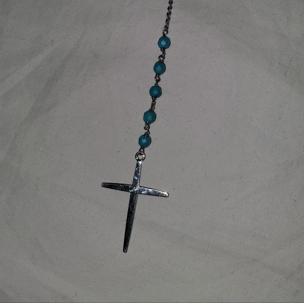 Silver Cross Necklace with Blue Beads